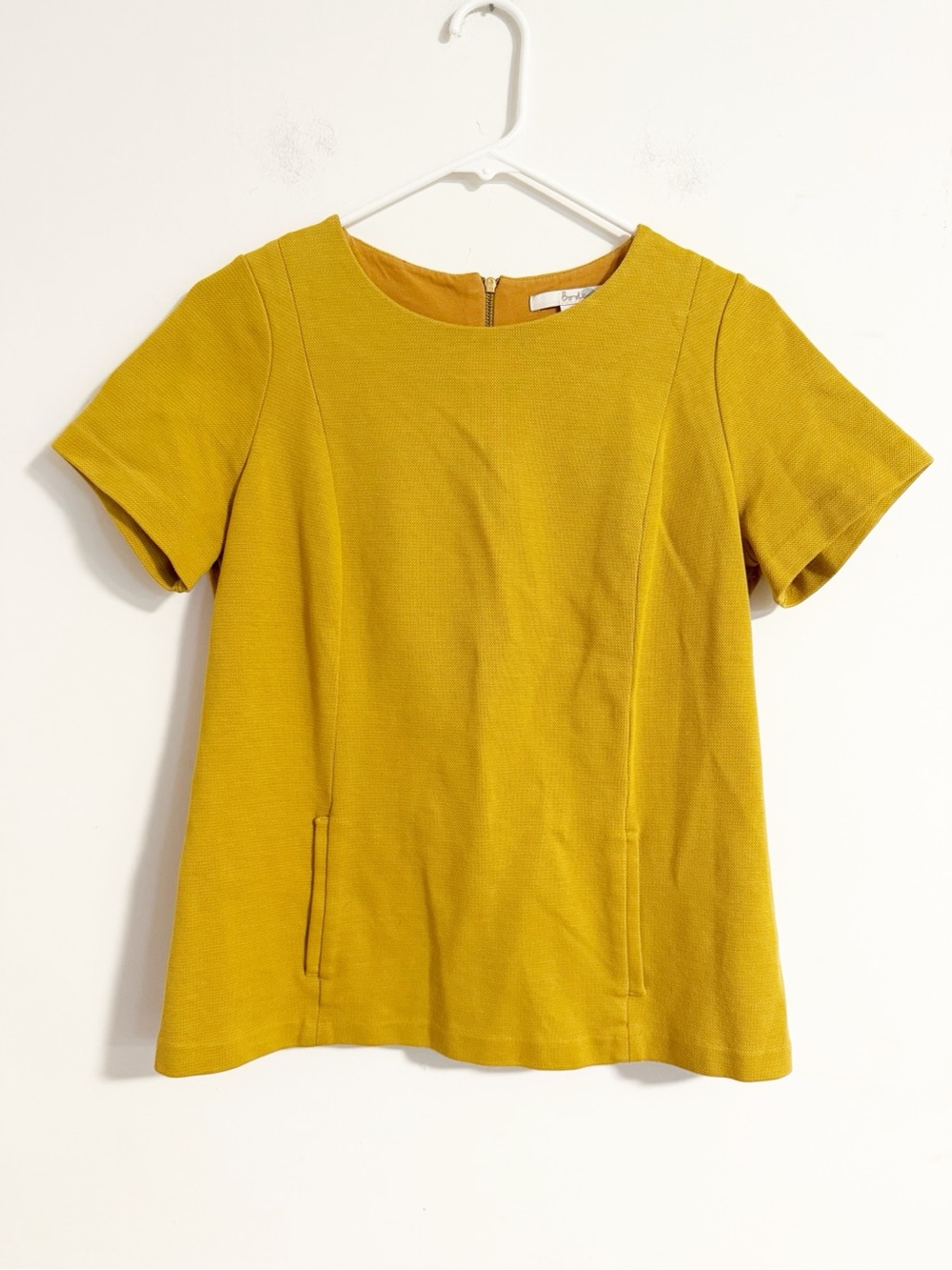Boden Mustard Yellow Short Sleeve Shift Dress US 10 Textured Zip Back
